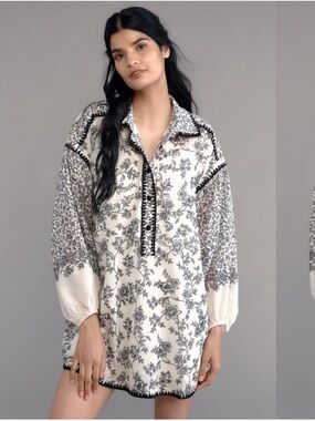 Anthropologie Black and Cream Floral Button-Front Tunic